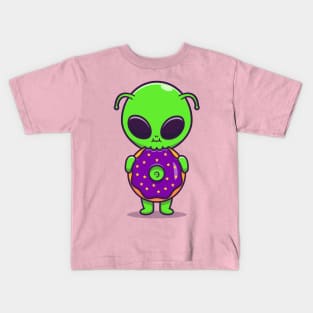 Cute Alien Eating Doughnut Cartoon Kids T-Shirt